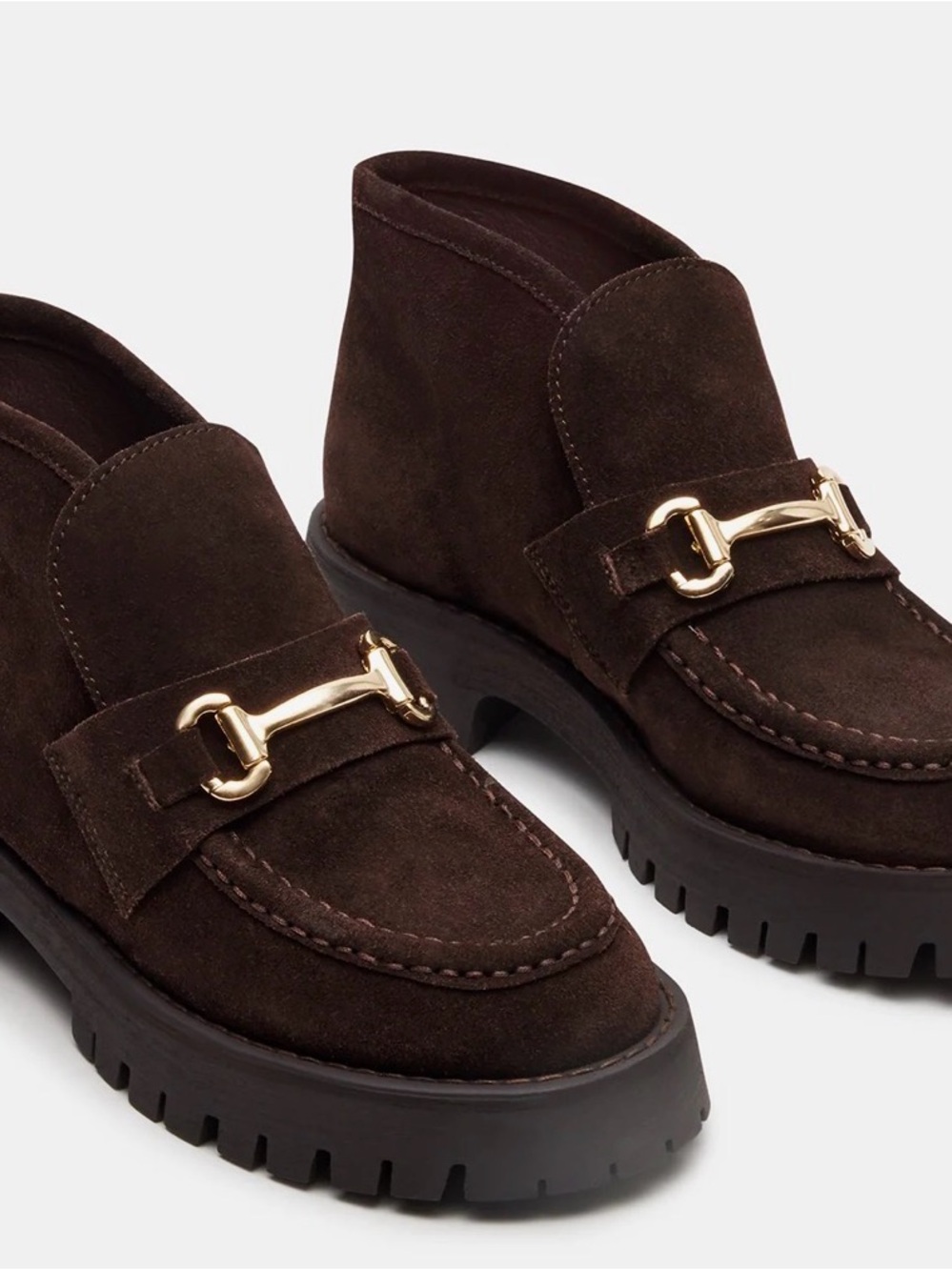 Steve Madden Dark Brown Suede Lug Sole Heeled Boots with Gold Bit - “Leon”